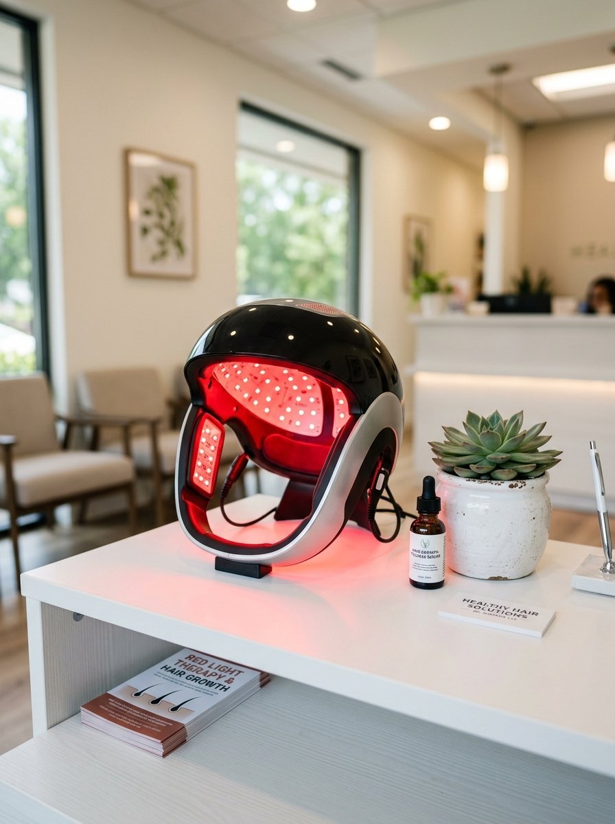 Black and silver hair growth helmet with red LED lights glowing inside placed on a white table with a succulent plant.