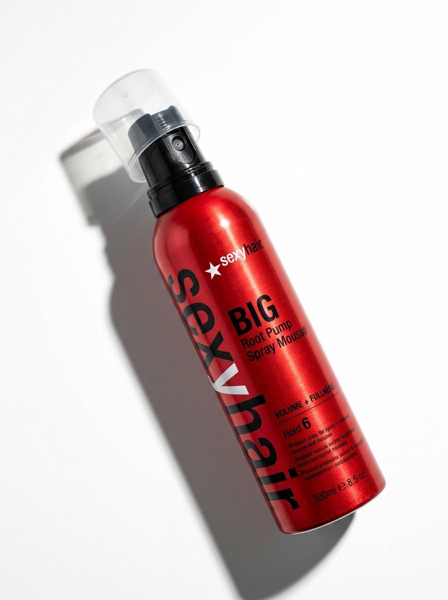 A metallic red bottle of Sexy Hair Big Root Pump Spray Mousse positioned at an angle against a white background.