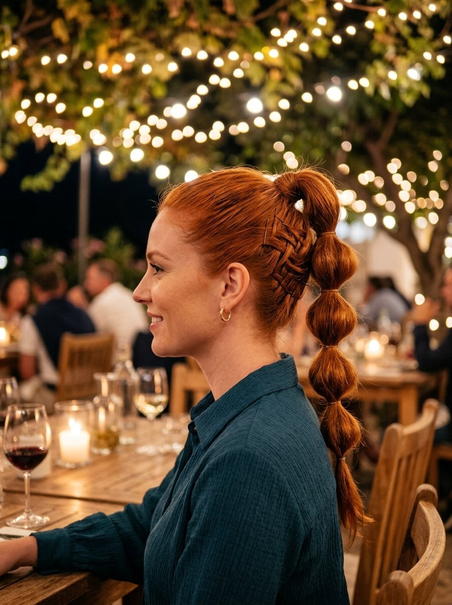 Side view of a redhead woman at an outdoor dinner party wearing a decorative braided bubble ponytail hairstyle.
