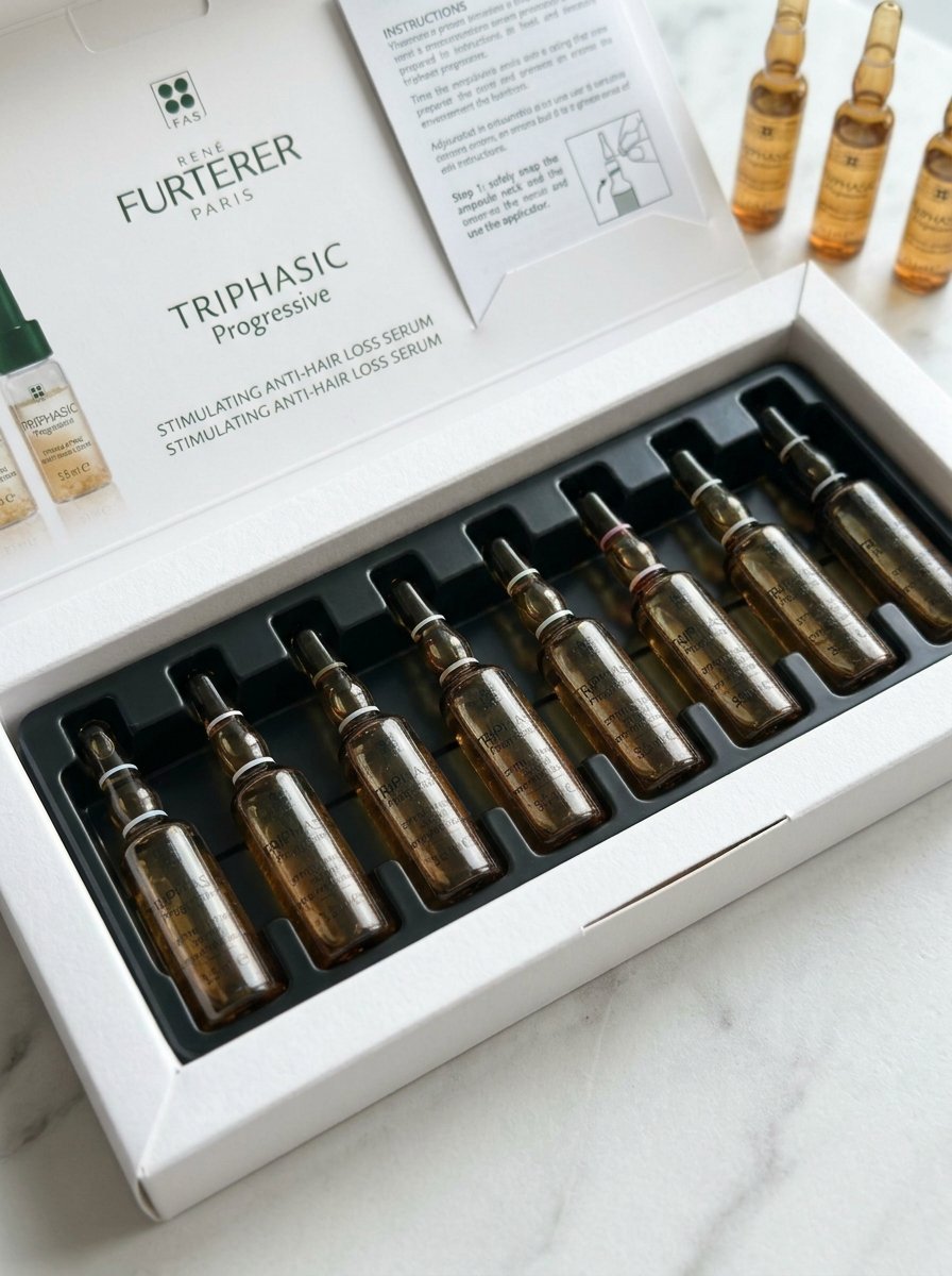 Open white box containing multiple glass vials of Rene Furterer Triphasic hair serum on a white marble surface.