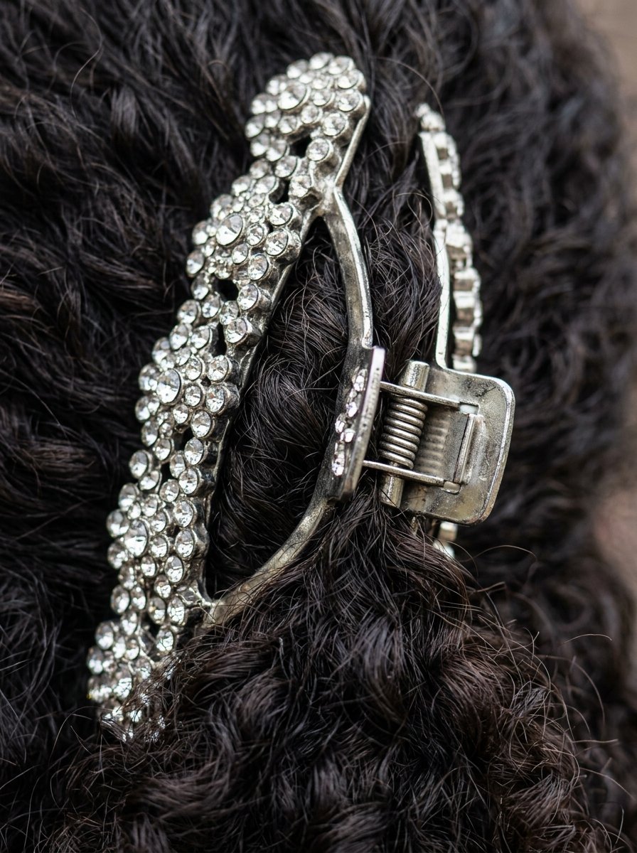 Close-up of a silver rhinestone-encrusted claw clip securing a section of dark, textured, curly hair.