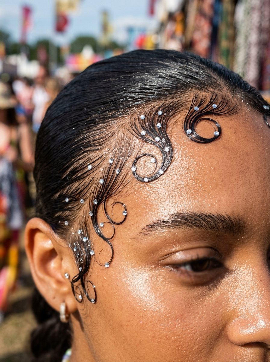 A person wearing intricate hair swirls and sparkling gems on their forehead at an outdoor music festival.