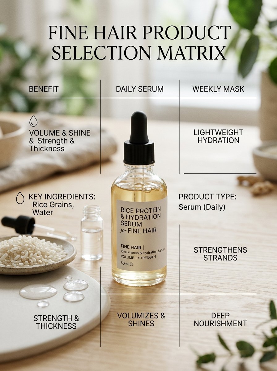 An infographic showing rice protein hair serum with rice grains and droplets on a wooden table.