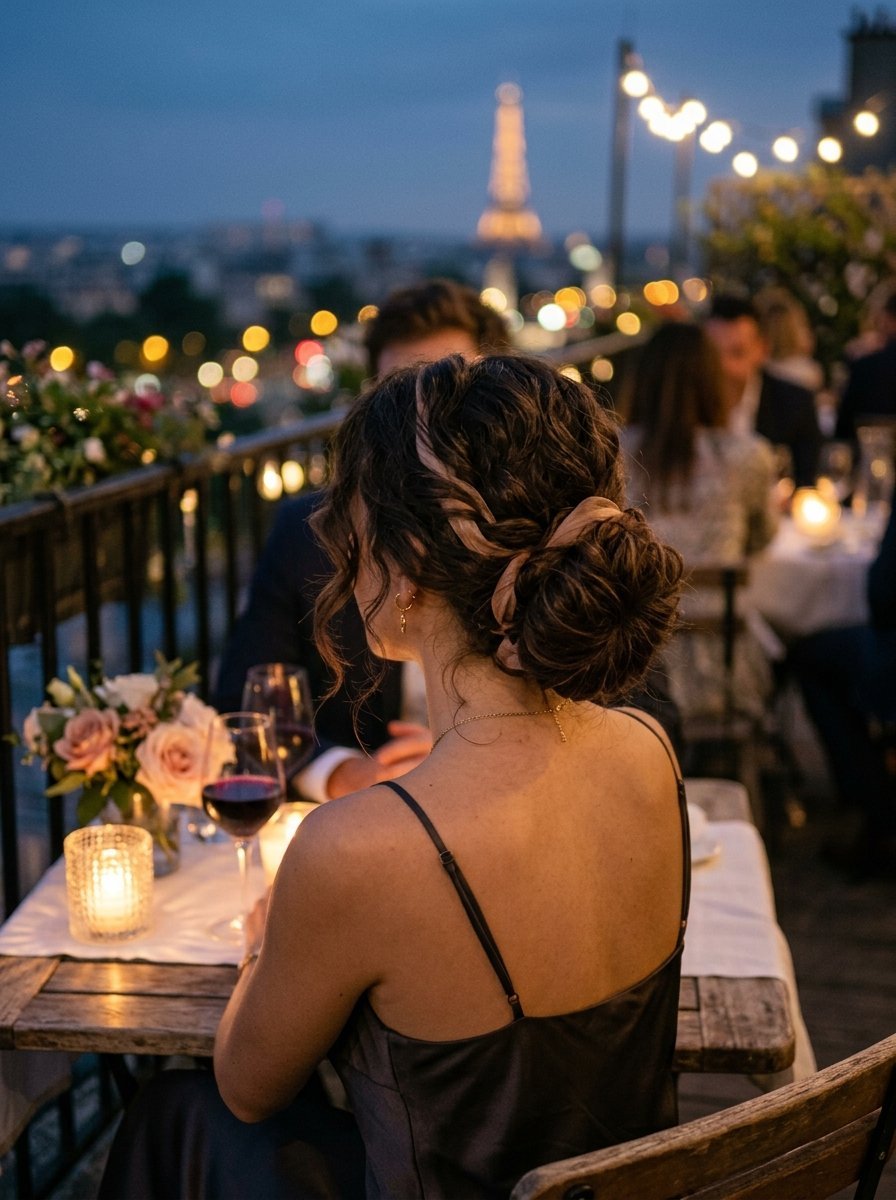 A woman with an updo hairstyle sits at a rooftop restaurant table in Paris with the Eiffel Tower in the background.