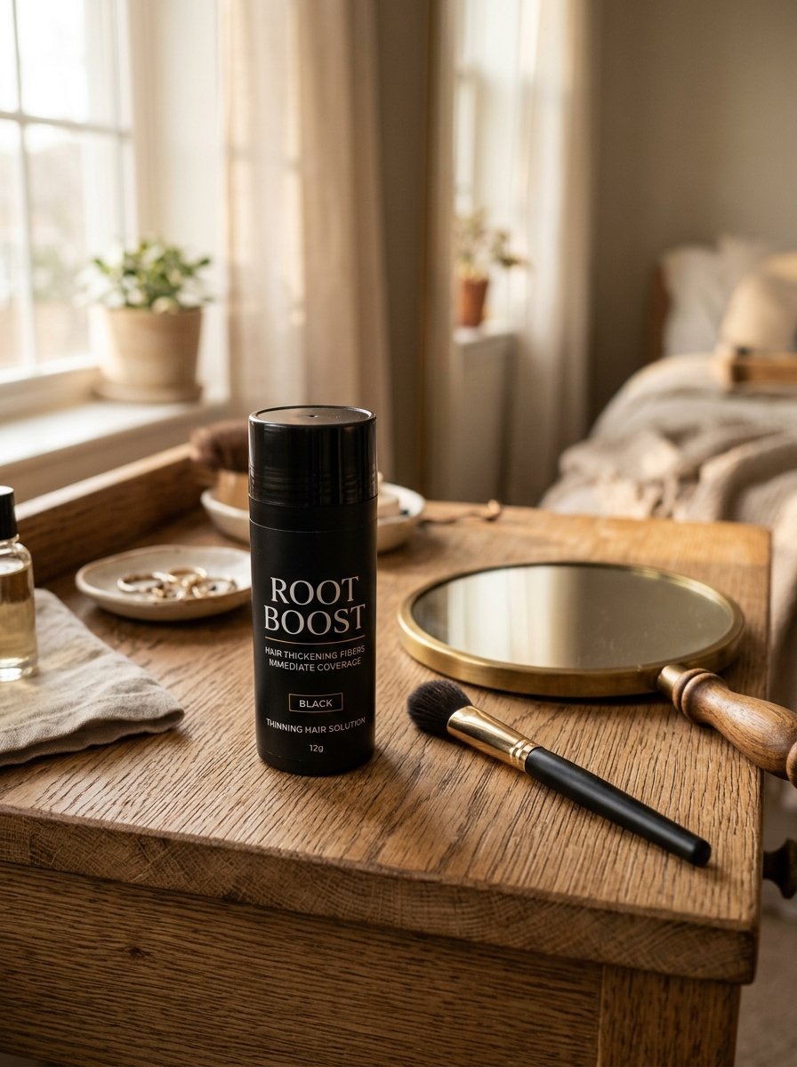 Bottle of black hair thickening fibers with a cosmetic brush and hand mirror on a wooden table.