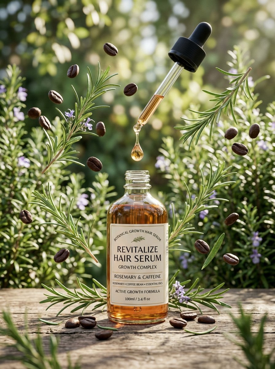 Glass dropper bottle of rosemary and caffeine hair serum surrounded by floating coffee beans and fresh herb sprigs.