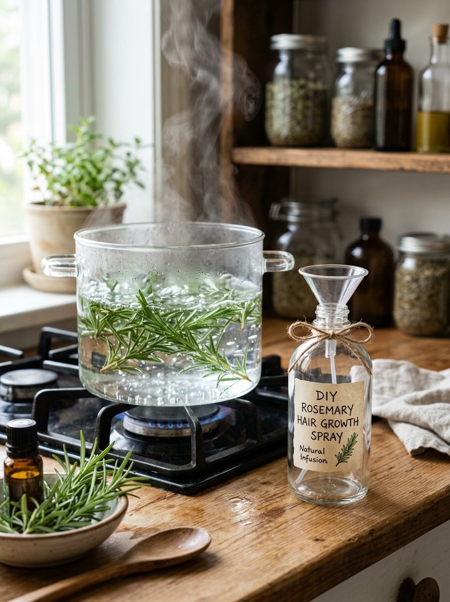 Steaming water with fresh rosemary sprigs in a pot next to a spray bottle labeled for hair growth.