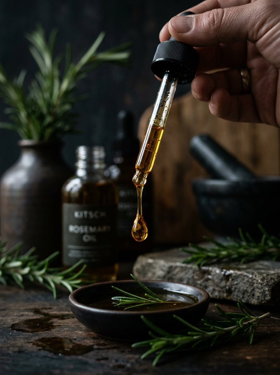 Close-up of a glass dropper releasing a drop of rosemary oil into a small ceramic bowl with fresh herb sprigs.