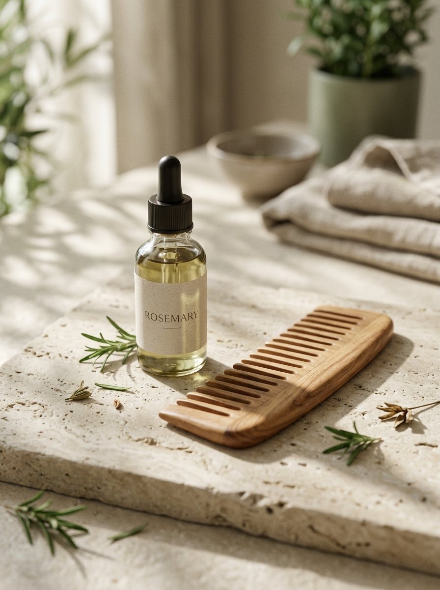 Dropper bottle of rosemary oil and a wooden hair comb on a stone surface with herb sprigs.
