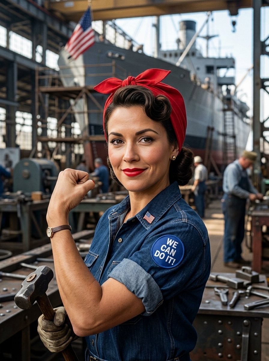 A woman in a red headscarf and denim shirt flexes her muscle with a hammer in a busy industrial shipyard.