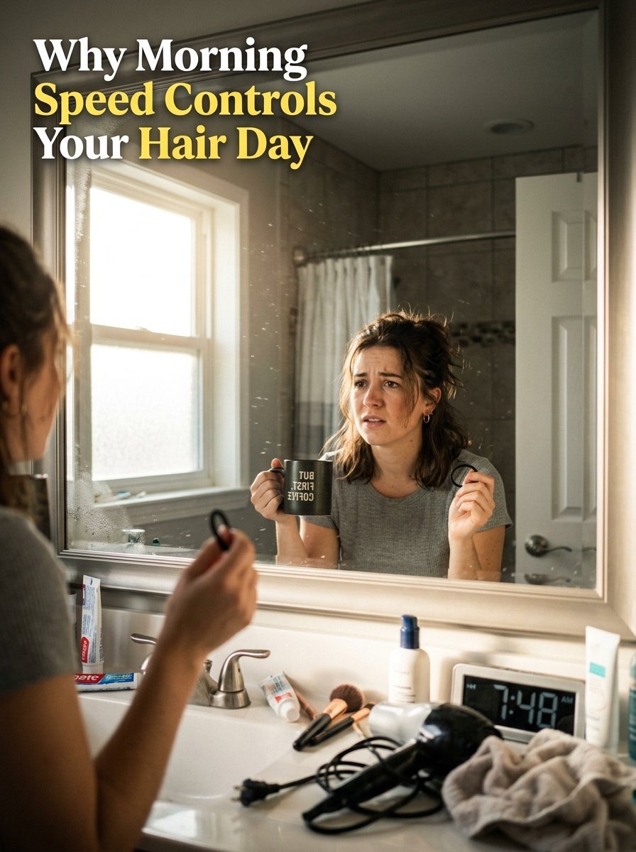 Stressed person holding coffee mug and hair elastic in front of a mirror with a clock showing early morning time.