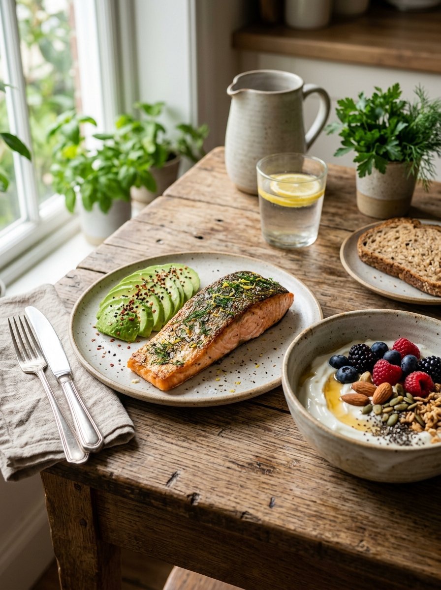Plate with seared salmon and avocado next to a bowl of yogurt with berries, nuts, and seeds on a rustic wooden table.