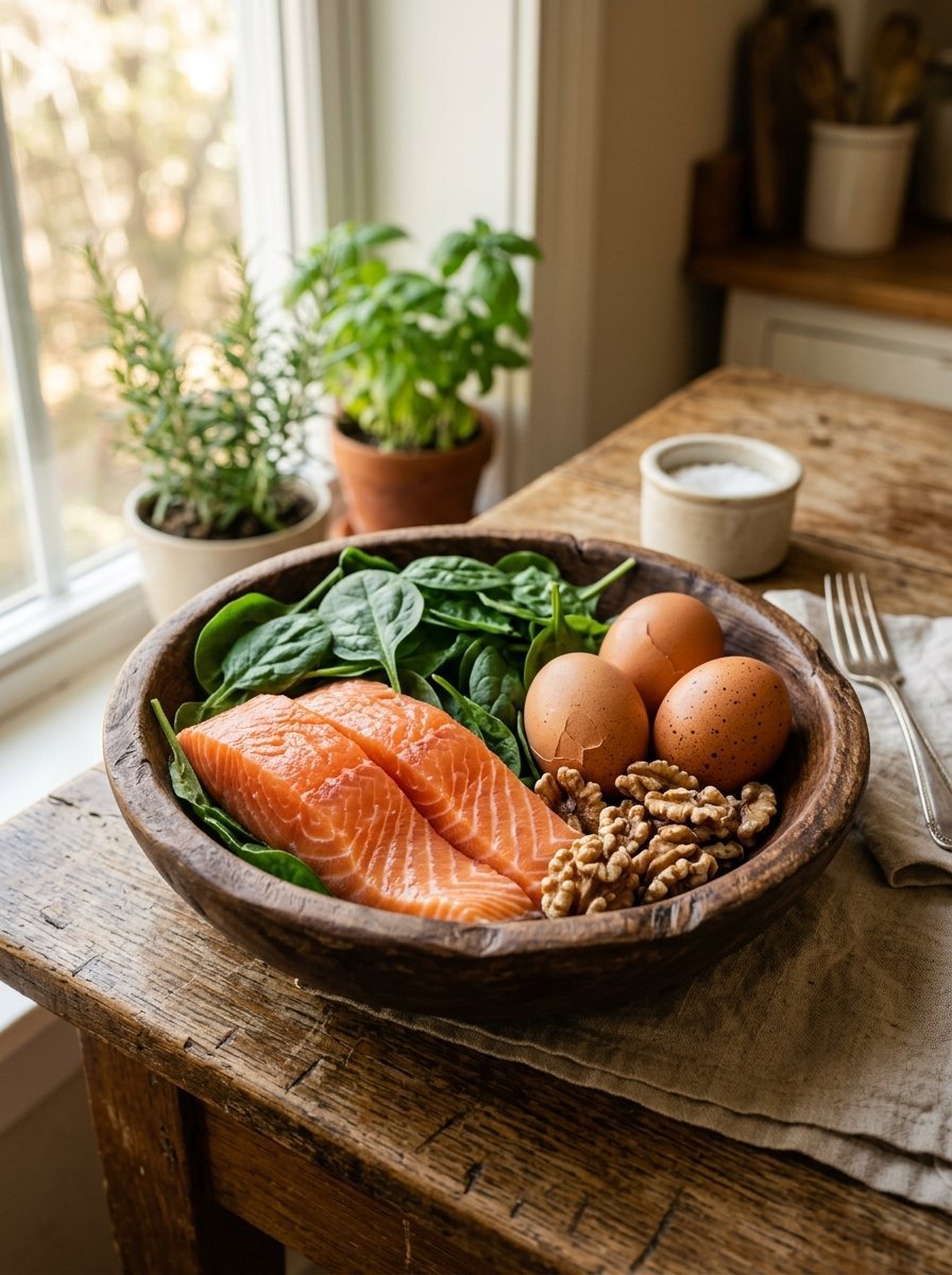 A rustic wooden bowl filled with raw salmon, baby spinach, three eggs, and walnuts on a farmhouse table.