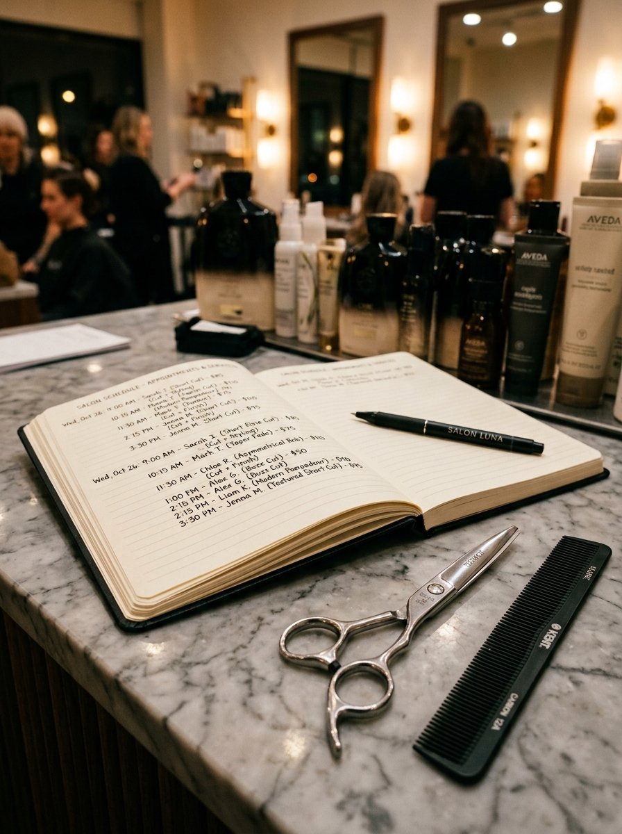 Close-up of a salon schedule book, black pen, scissors, and hair comb on a marble countertop in a beauty salon.