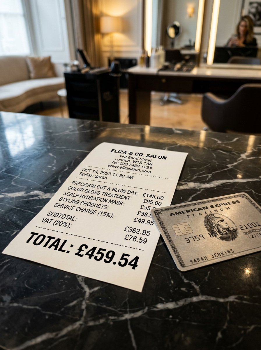 An itemized salon invoice totaling over four hundred pounds sitting on a dark marble counter next to a platinum card.