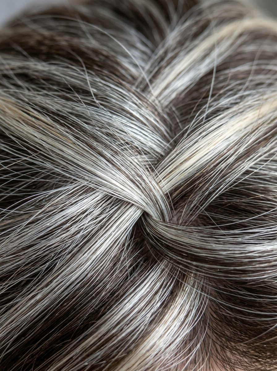 Detailed view of hair twisted into a braid featuring strands of brown, grey, and silver tones.