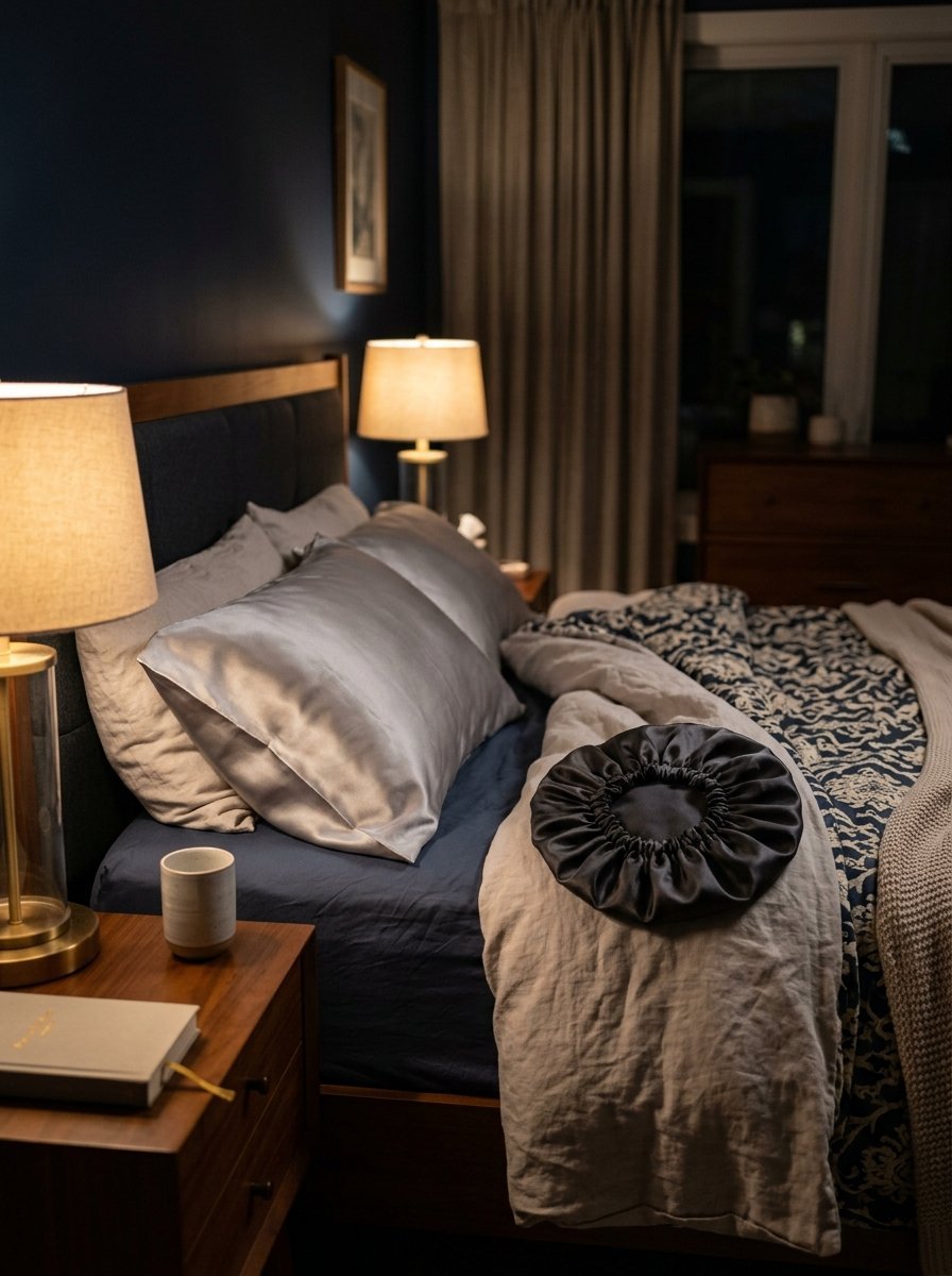 A black silk hair bonnet lies on top of light-colored bedding in a dimly lit, modern bedroom with warm bedside lamps.