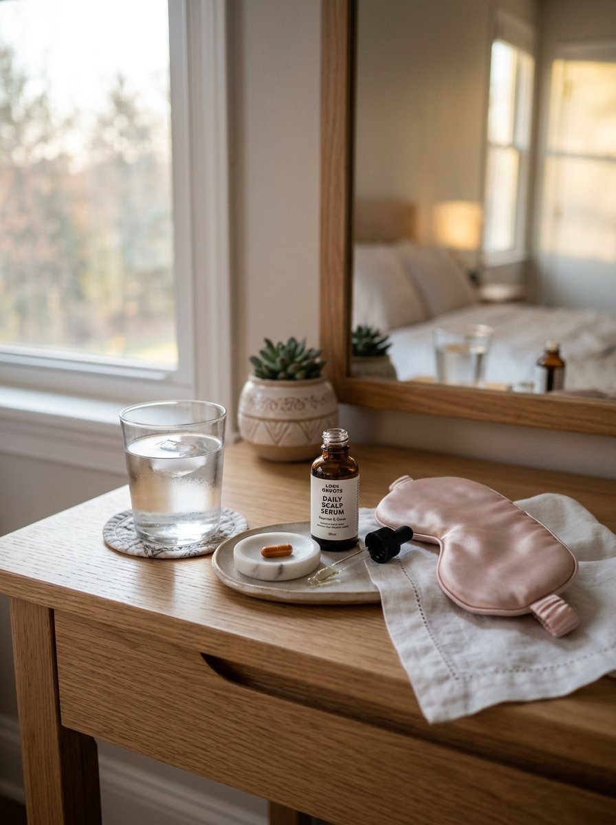 A glass of water, a single supplement, scalp serum, and a soft pink sleep mask on a wooden nightstand.