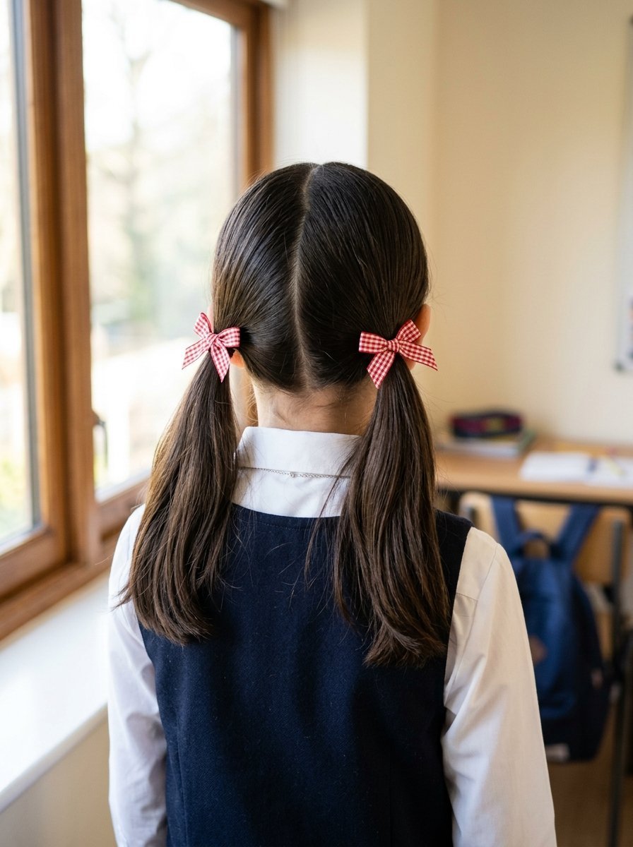 Back view of a school girl with two low pigtails accented by small red and white checkered bows.