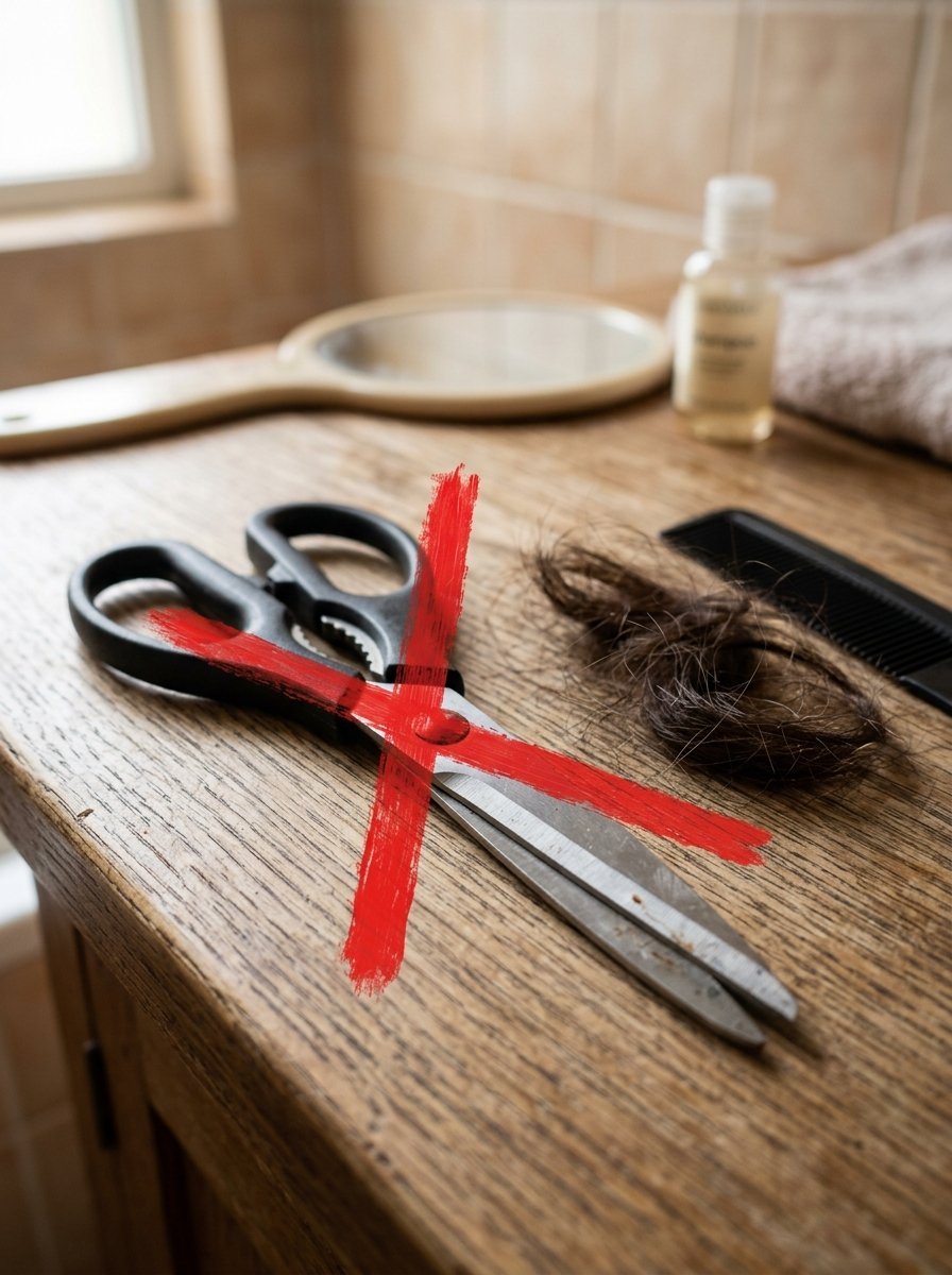 Close up of metal scissors and a small pile of dark human hair on a wooden bathroom counter.