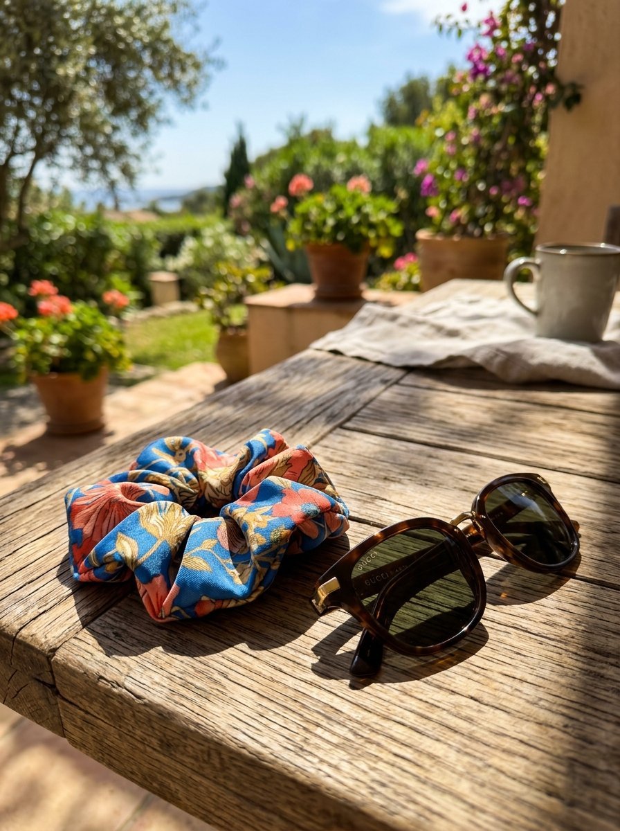 Blue floral hair accessory and brown designer sunglasses on a weathered wooden table outdoors.