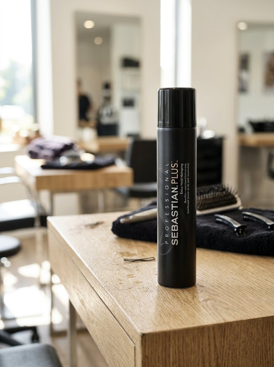 A black canister of Sebastian hairspray rests on a wooden salon table next to a black towel and hair accessories.