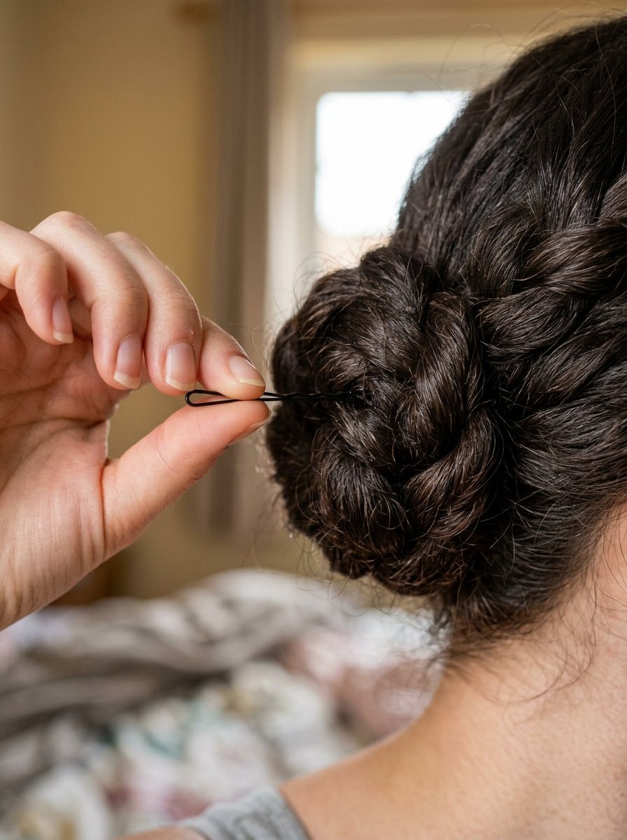 Close up of fingers sliding a black hair pin into a dark brown braided bun.