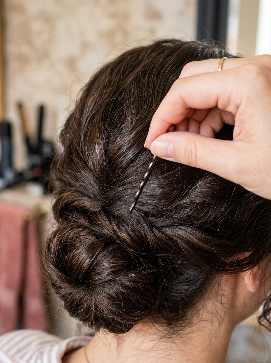 Close up of a hand placing a wavy metal hair clip into a styled dark brown updo.