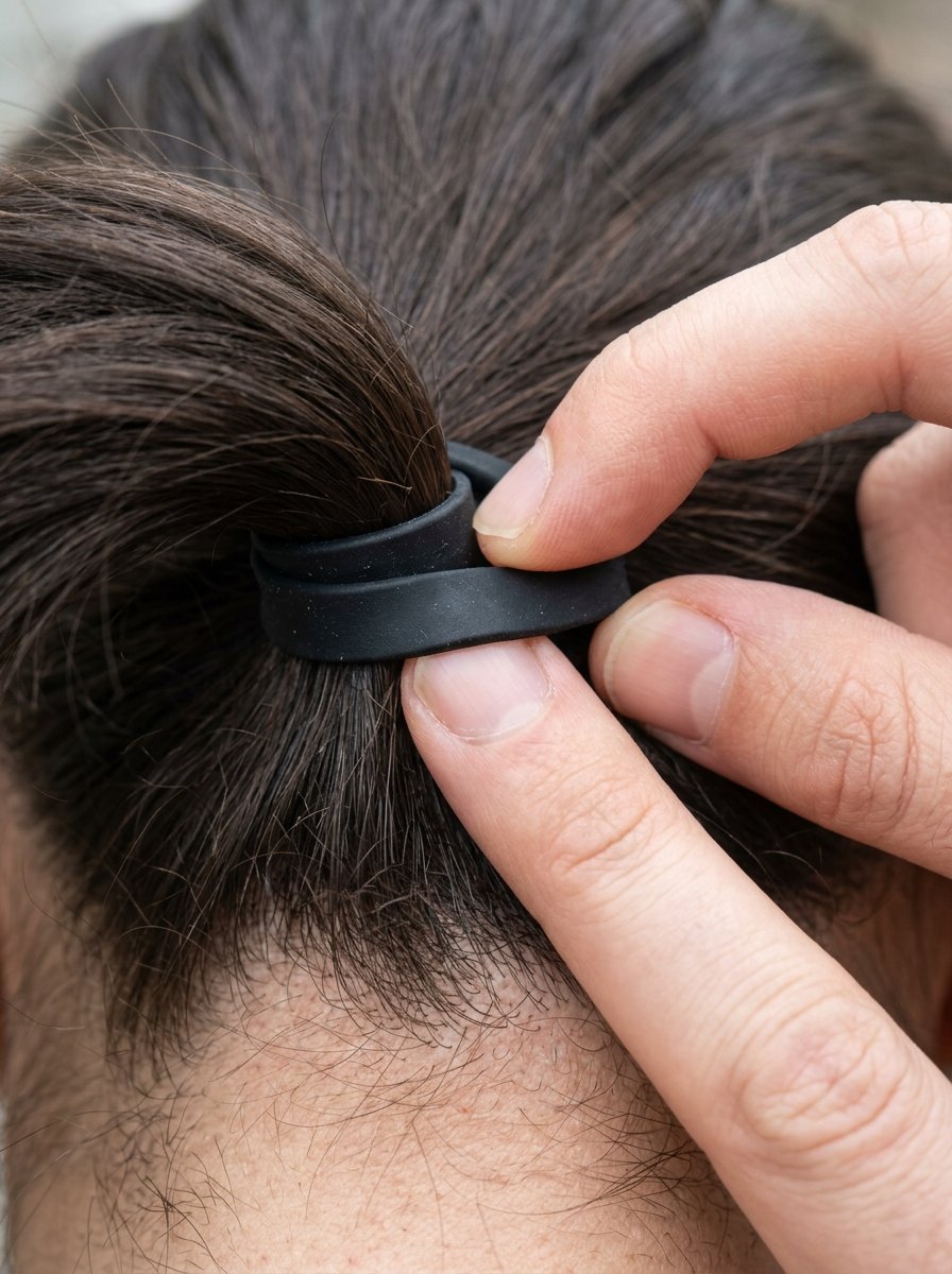 Hands wrapping a thick black elastic band around dark brown hair on the back of a person's head.