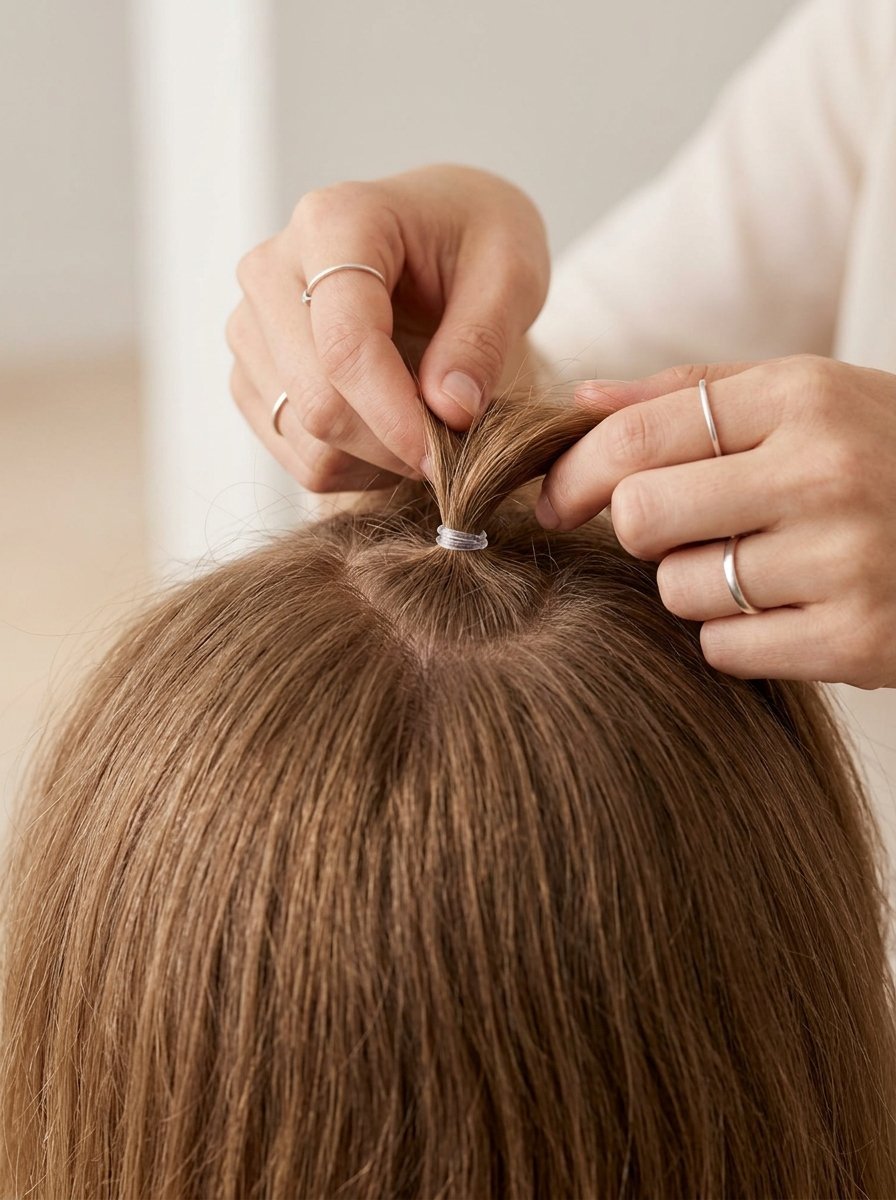 Close-up of hands wearing silver rings fastening a small ponytail on top of someone's head with a clear rubber band.