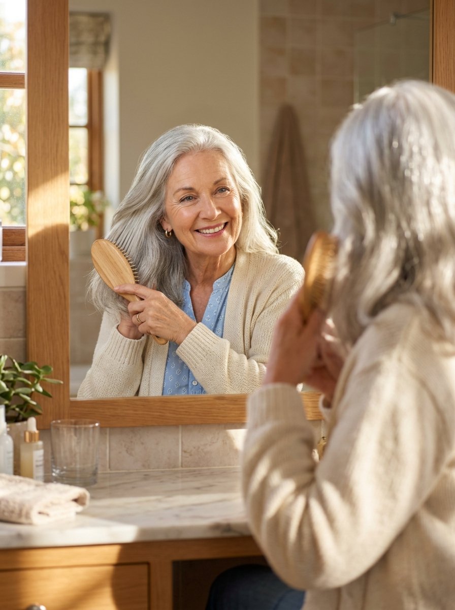 Elderly woman wearing a cream cardigan styles her grey hair with a wooden brush at a bathroom vanity.