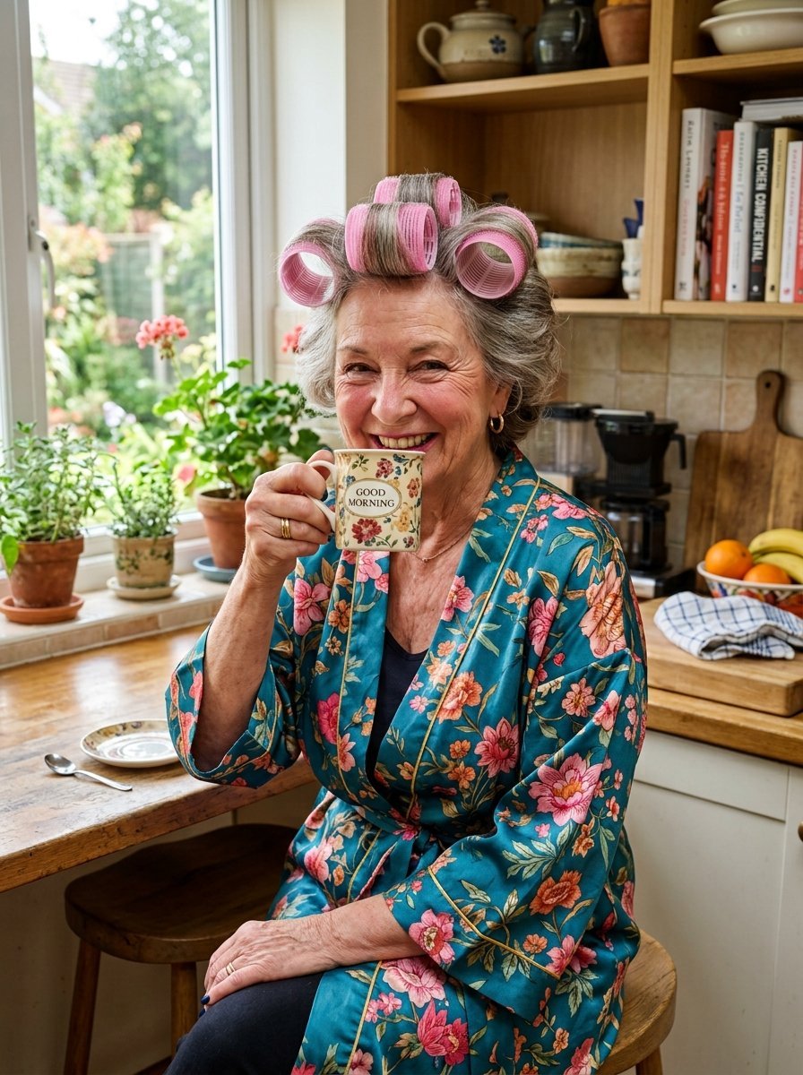 Smiling older woman with pink hair curlers wears a teal floral robe while holding a vintage teacup.