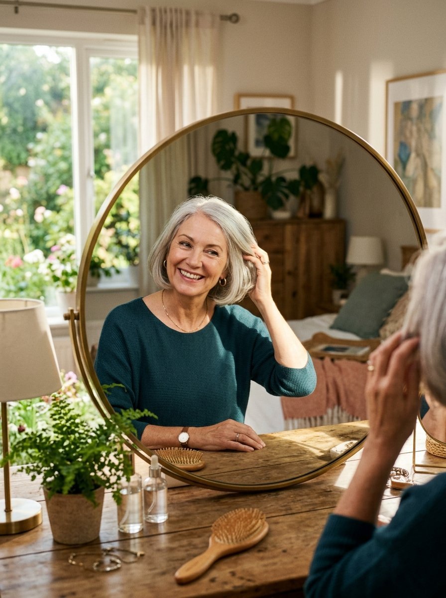 An older woman with grey hair smiles at her reflection in a circular gold-rimmed mirror while styling her hair.