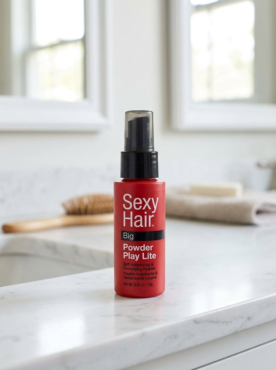 Red bottle of volumizing hair powder sitting on a white marble bathroom countertop.