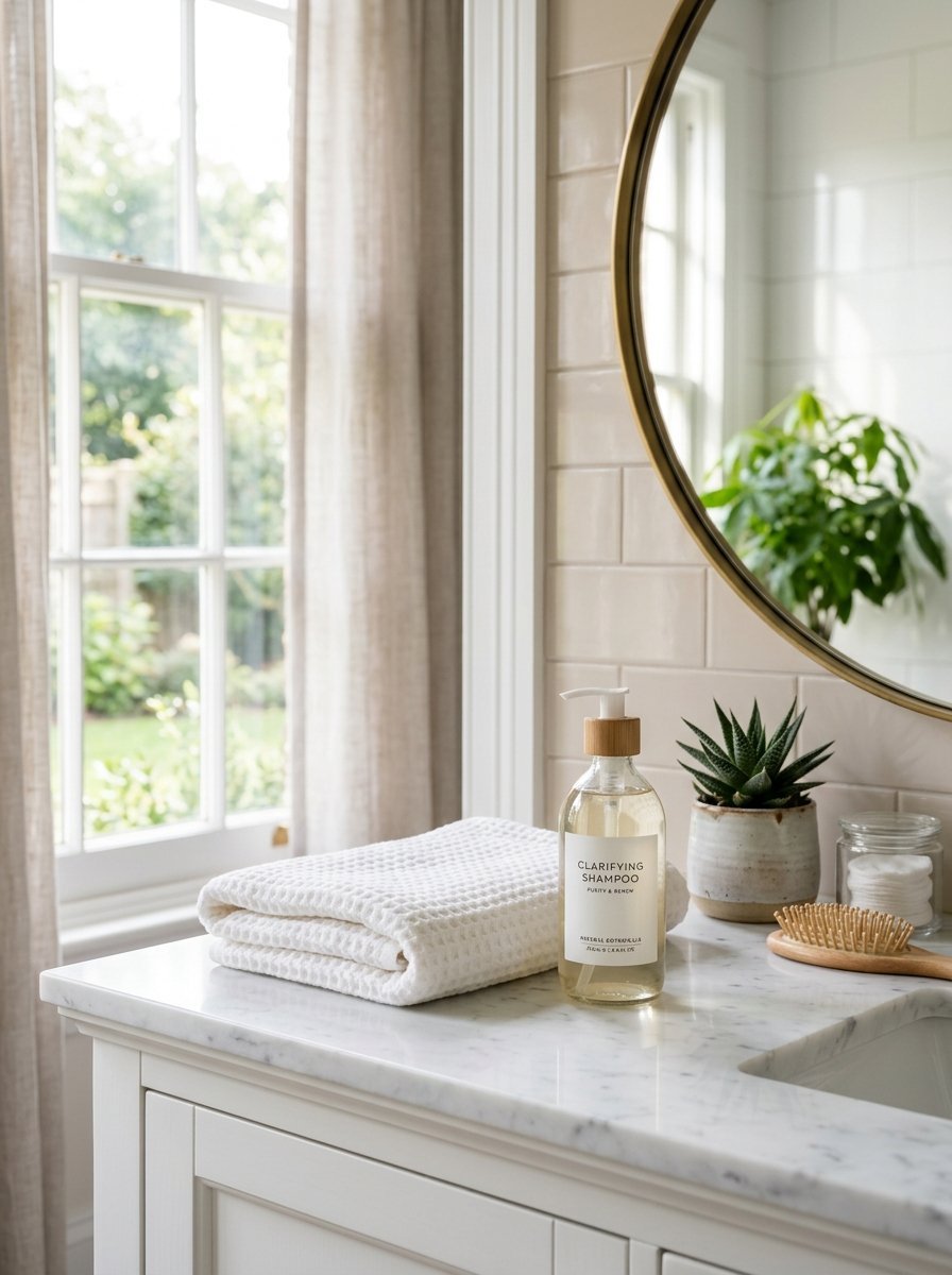 A clear shampoo bottle, white towel, and small succulent plant arranged on a white marble bathroom countertop.