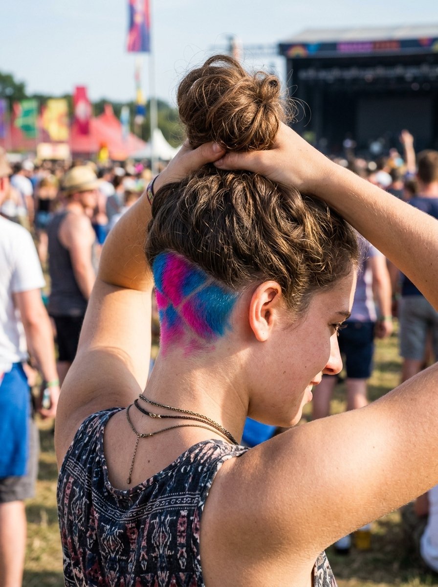 Close up of a woman with a high bun revealing a shaved nape dyed with pink and blue geometric hair patterns.