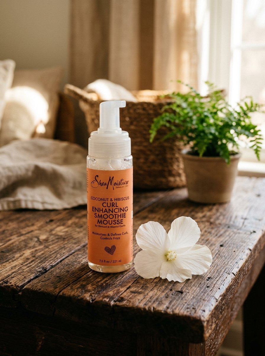SheaMoisture coconut and hibiscus mousse bottle on a rustic wooden table with a white hibiscus flower.