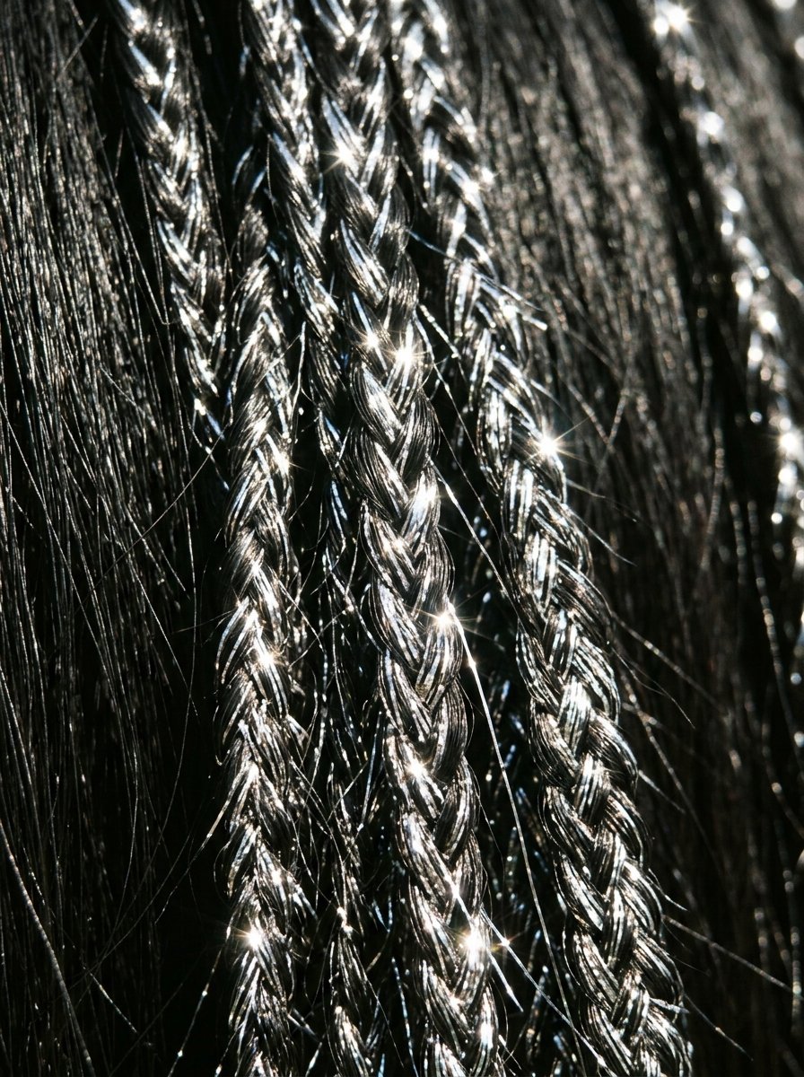 Several thick, shiny black braids with reflective light catching the strands.