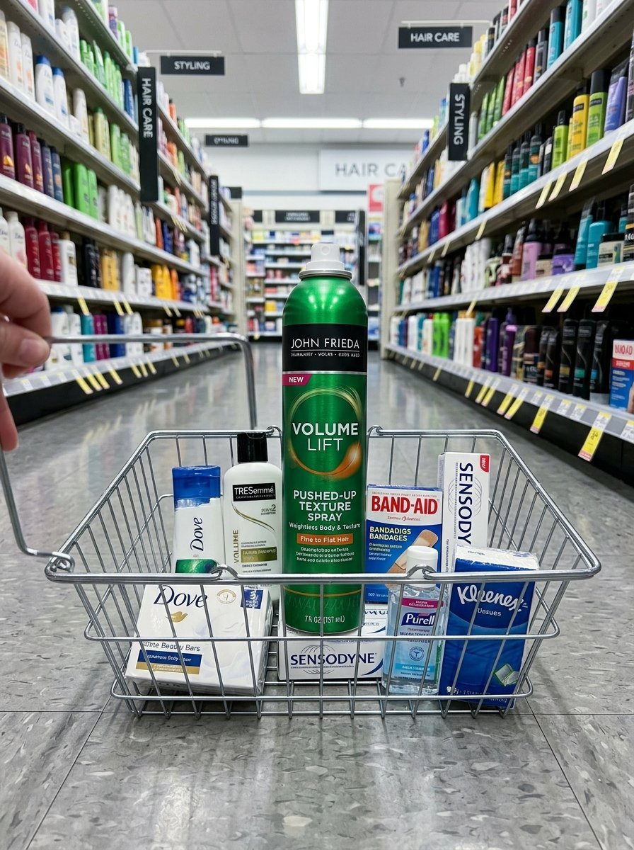 Wire shopping basket containing John Frieda spray, Dove products, Band-Aids, Sensodyne toothpaste, and Kleenex.