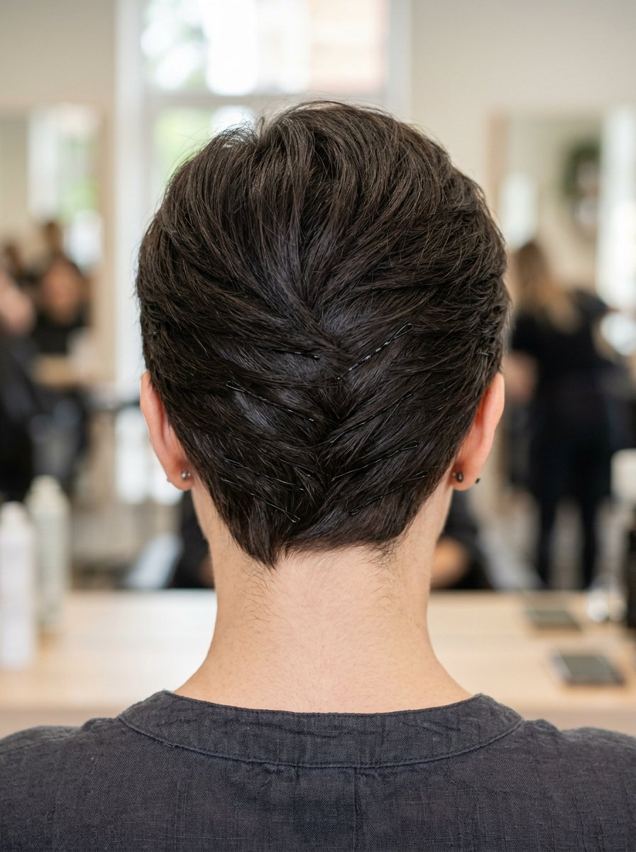 Back view of a person with dark short hair styled with crisscrossed black bobby pins in a woven pattern.