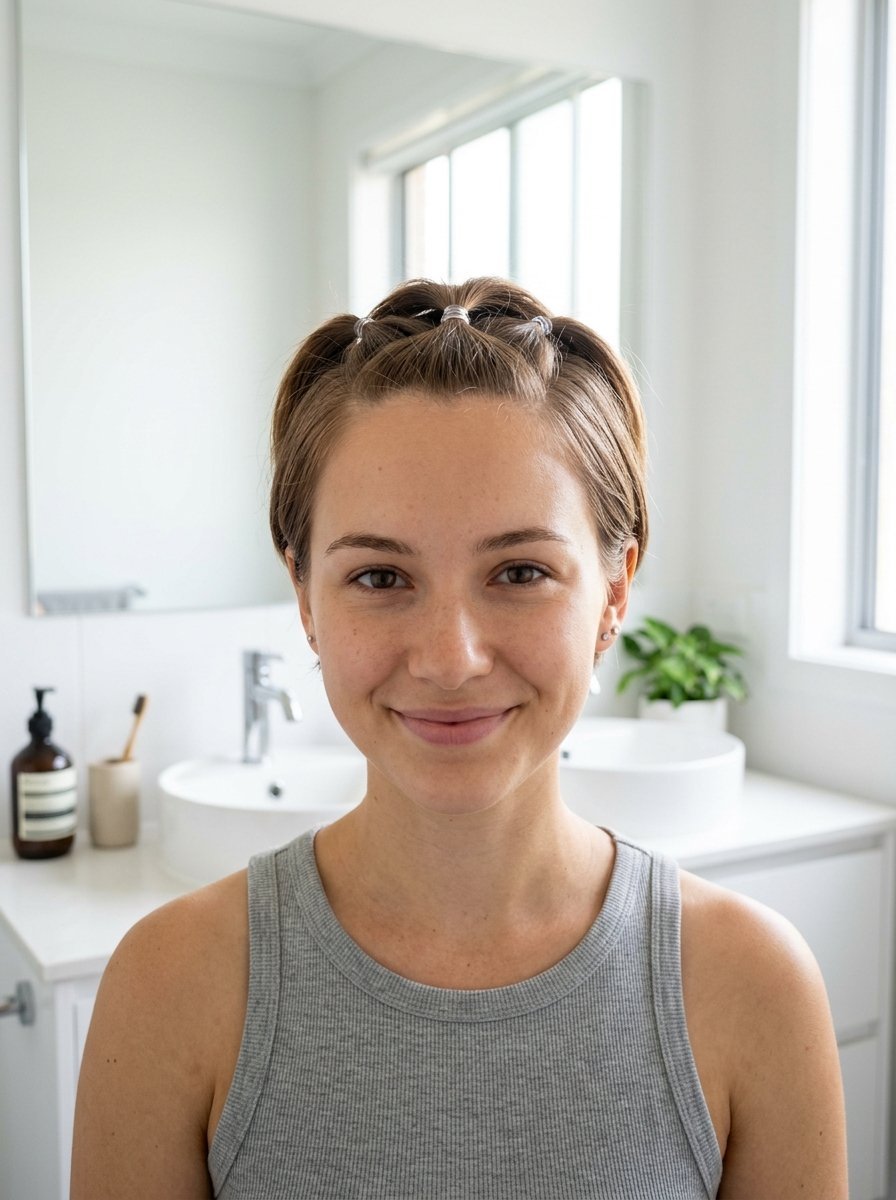 Smiling woman with short brown hair featuring small clear elastic bands creating bubble sections on top.