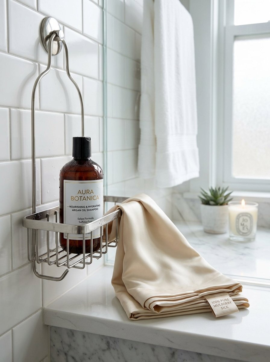 A metal shower caddy holds a bottle of Aura Botanica shampoo next to a folded beige mulberry silk towel.