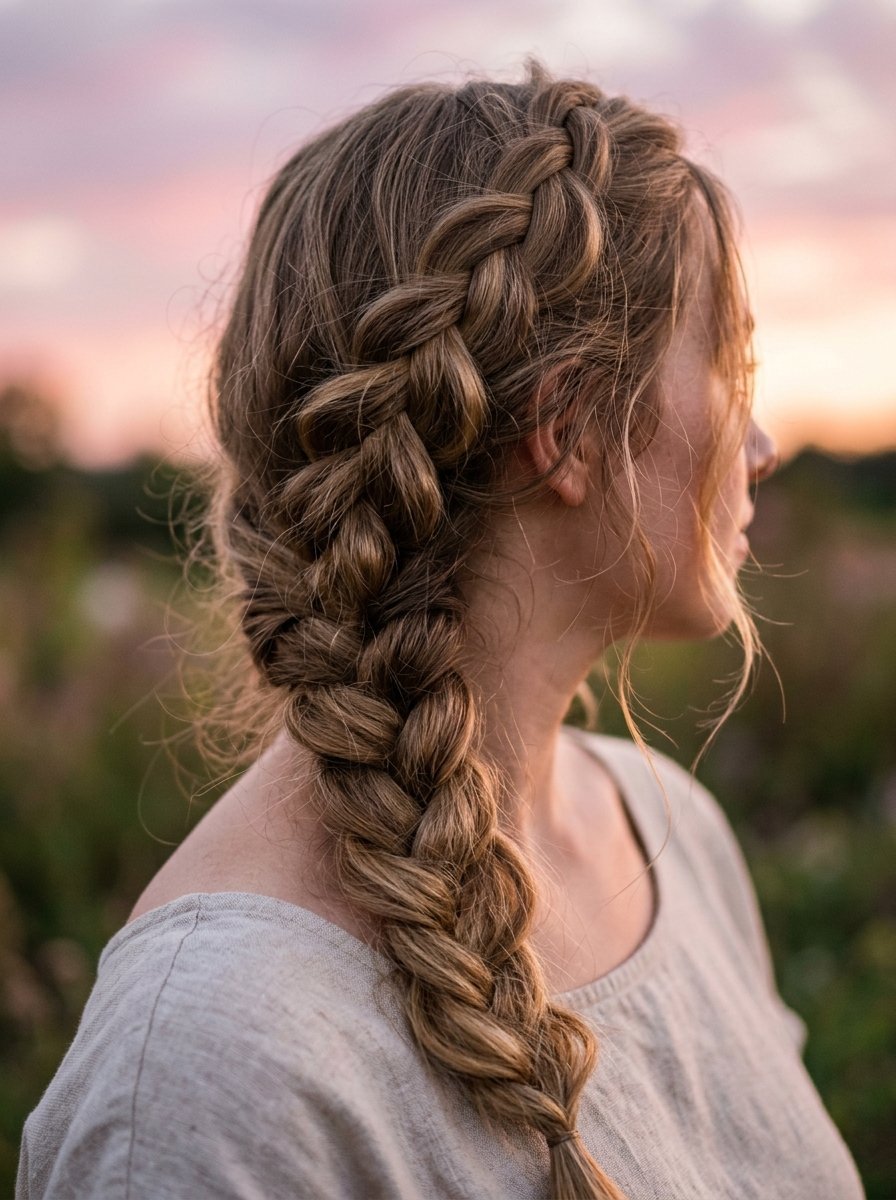 Close-up profile of a woman wearing a casual French braid hairstyle outdoors.