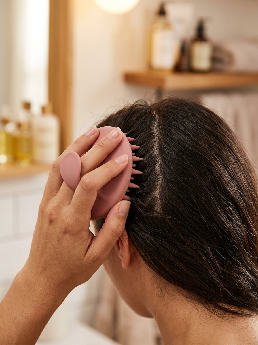 Close up of a hand massaging dark hair with a circular pink silicone grooming tool.