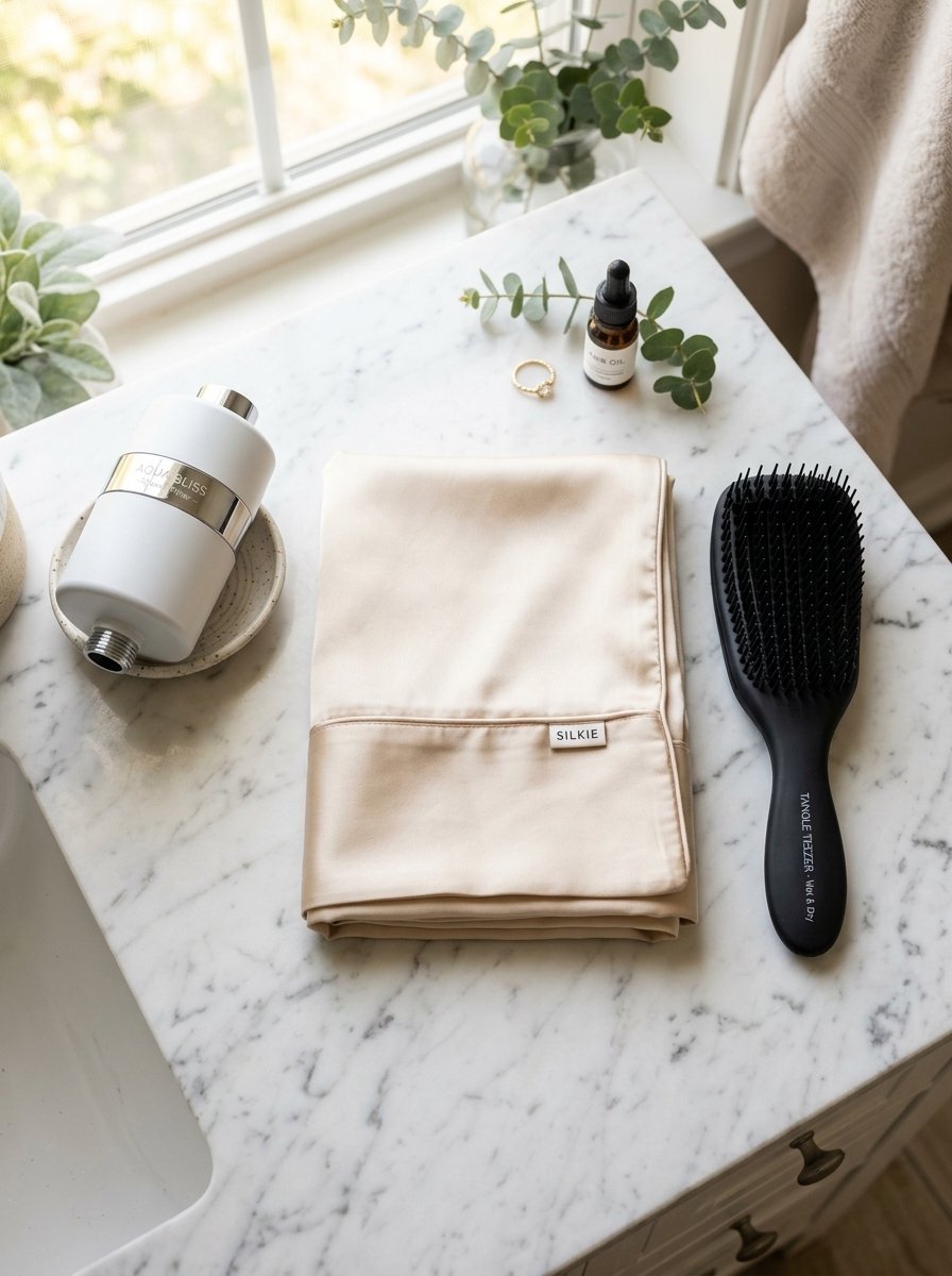 Folded beige silk pillowcase, black detangling hairbrush, water filter, and serum bottle on a marble bathroom vanity.