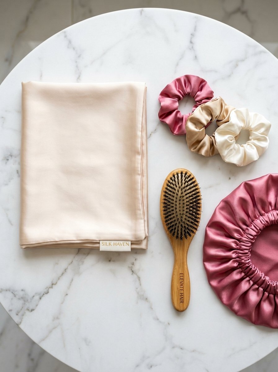 A beige silk pillowcase, wooden hairbrush, three satin scrunchies, and a pink bonnet on a marble table.
