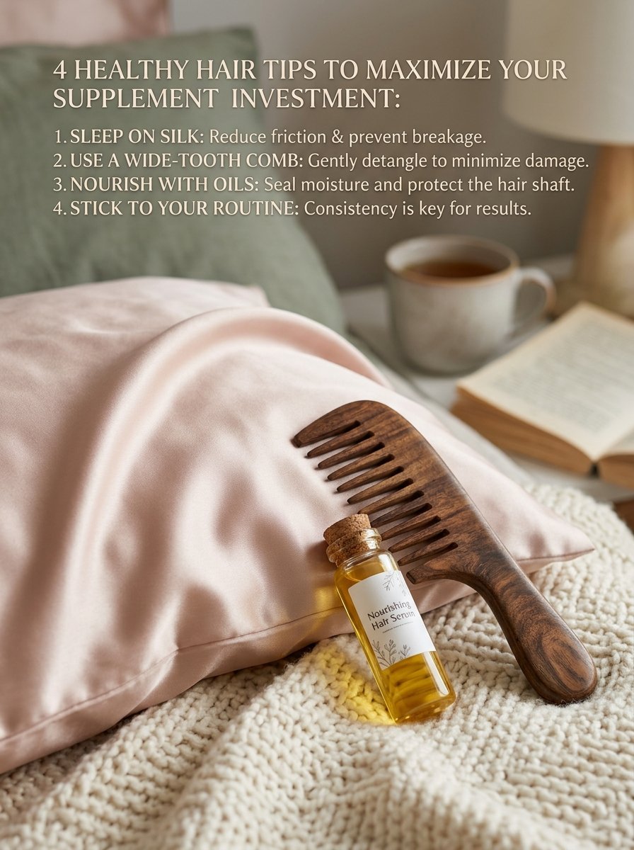 A small glass bottle of hair oil and a wooden wide-tooth comb resting on a pink silk pillowcase.