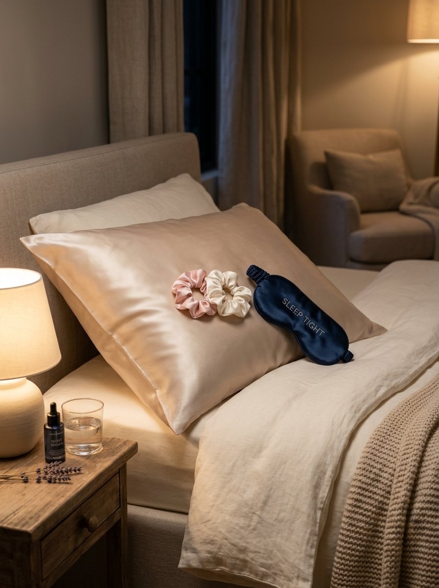Champagne silk pillowcase topped with two hair scrunchies and a navy blue Sleep Tight eye mask.