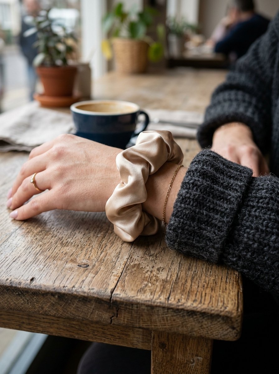 Close-up of a hand resting on a wooden table wearing a gold ring and a beige satin fabric hair scrunchie.