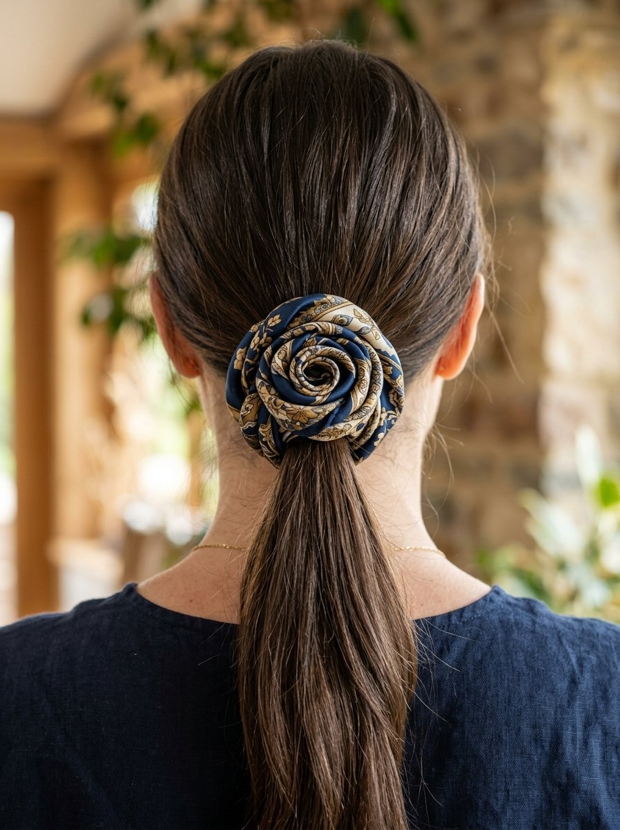 Woman wearing her hair in a low ponytail secured with a blue and cream patterned silk rose-shaped scrunchie.
